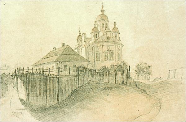 Історична церква на малюнку, старовинний пейзаж, українська архітектура.