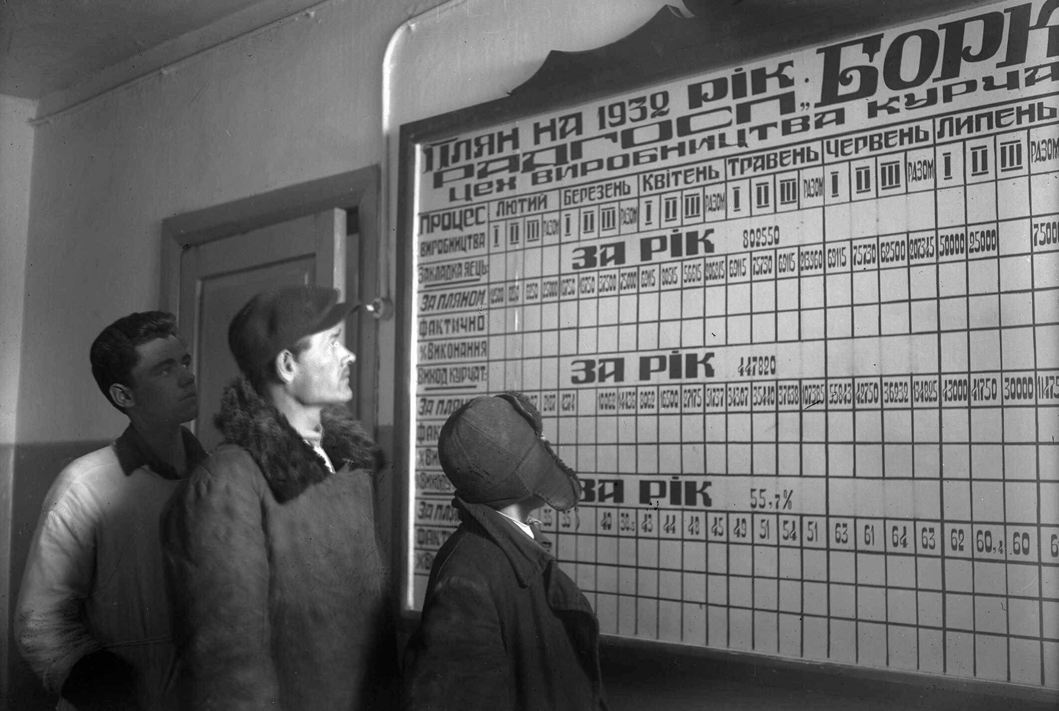 Діти вивчають план п’ятирічного економічного розвитку СРСР 1930-х років.
