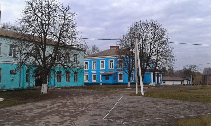 Чорноострівецький палац на фоні дерев та вулиці у похмурий день.