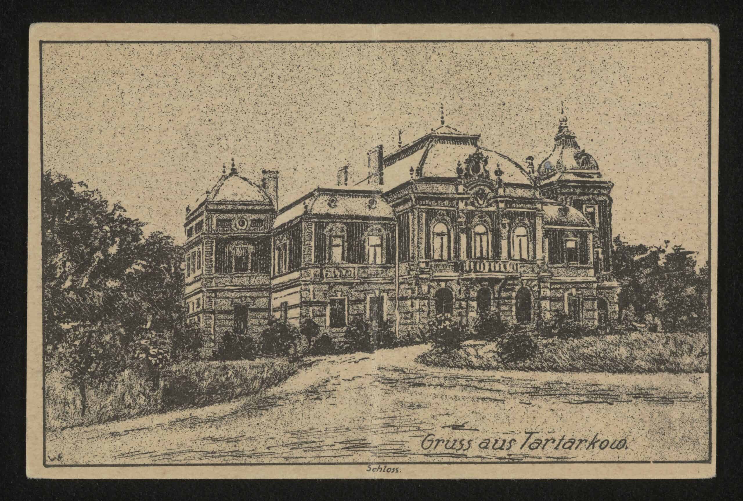 Історична фотографія палацу у Тартакові, старовинний архітектурний об'єкт.