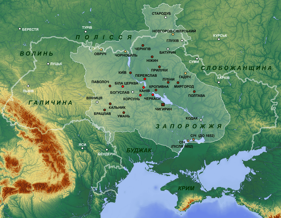 Карта Гетьманщини з містами та річками, історичний регіон України.