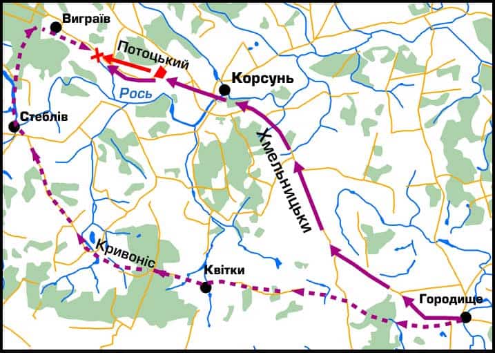 Карта маршруту з Корсуня до Городища через Кривоніс та Квітики.