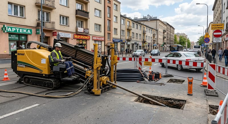 Wiertnica do przewiertów sterowanych pracująca na miejskiej ulicy