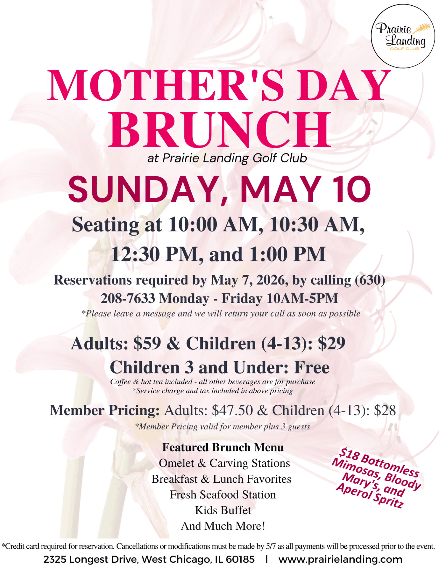 Flyer advertising a Mother's Day Brunch at Prairie Landing Golf Club on Sunday, May 10. It lists seating times, pricing for adults and children, member discounts, a featured menu including carving stations and seafood, and an option for bottomless mimosas. Reservation details and contact information are also included.