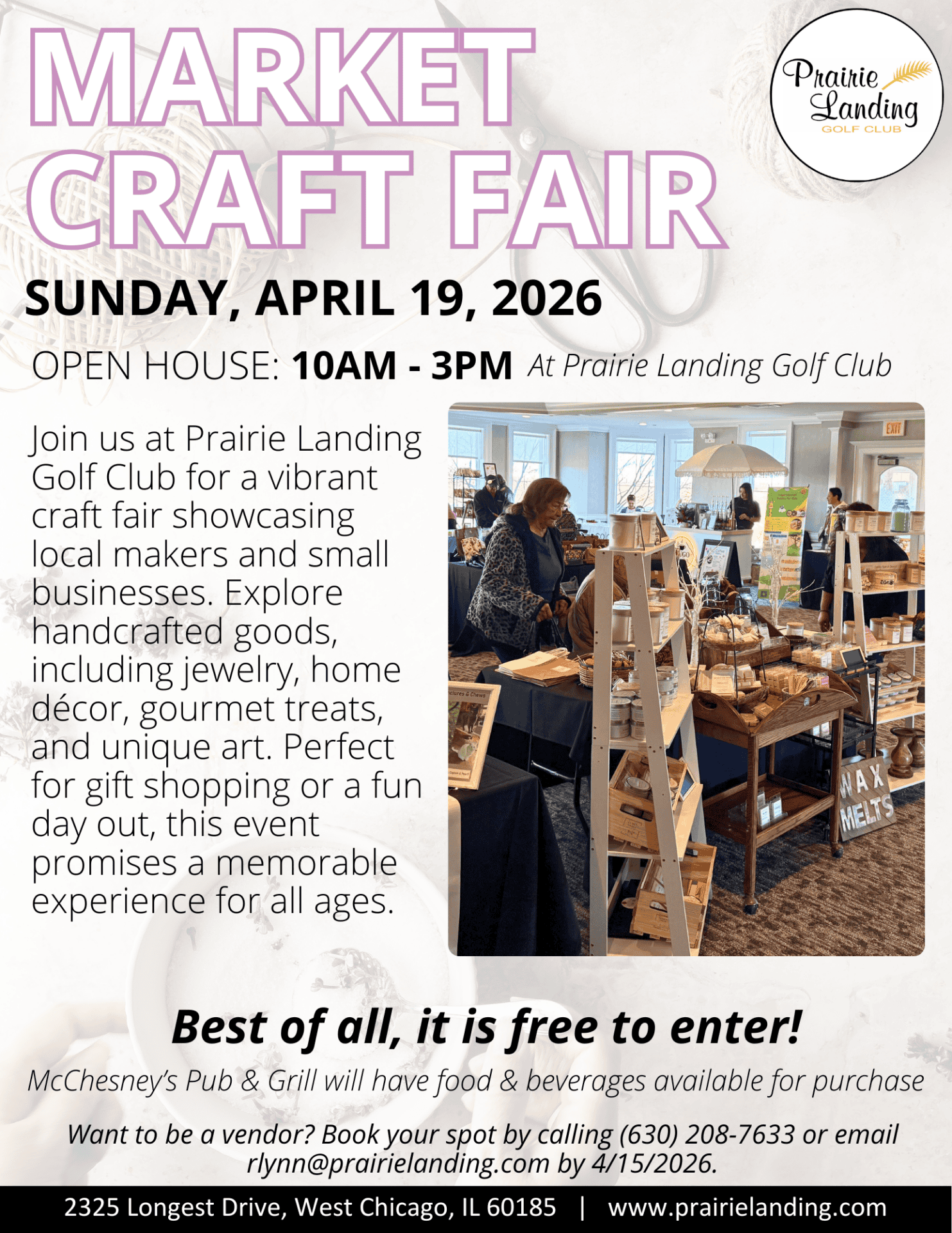 A flyer for the Market Craft Fair at Prairie Landing Golf Club, featuring event details and a photo of people browsing various craft stalls with handmade products like candles and wax melts.