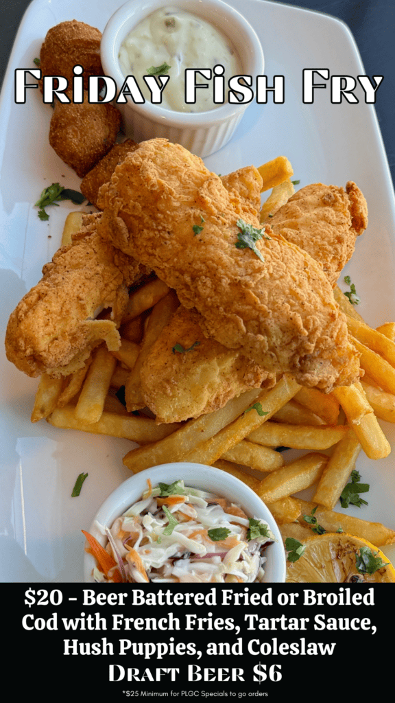 A plate of golden-brown fried fish and french fries, served with tartar sauce, coleslaw, and hush puppies. Text overlay reads "FRIDAY FISH FRY" and details the $20 meal and $6 draft beer.
