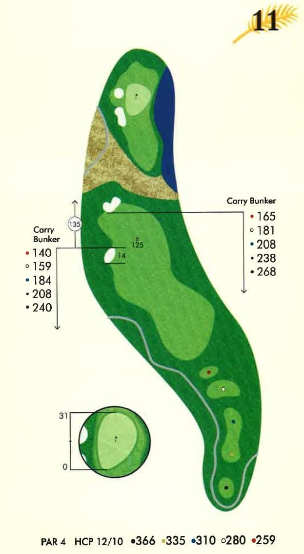A golf course hole map for Hole 11, a Par 4. It shows the fairway, green, multiple bunkers, and a water hazard, with yardage and carry bunker distances indicated.