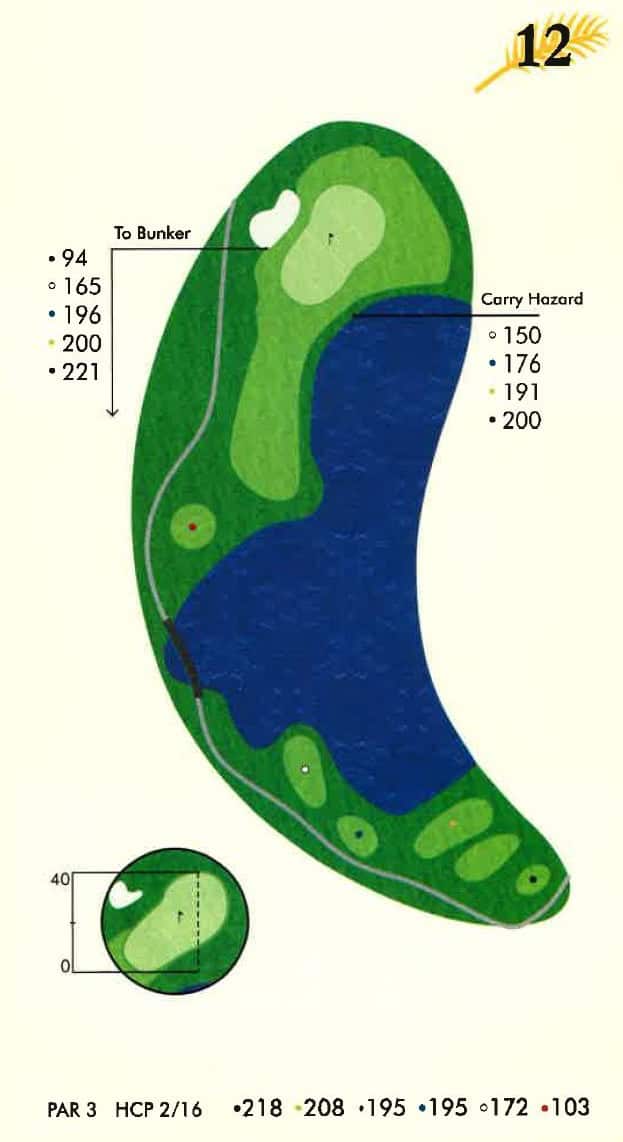 Map of golf course Hole 12, a Par 3, showing a large crescent-shaped water hazard, green with a bunker, and multiple tee boxes with yardage details.