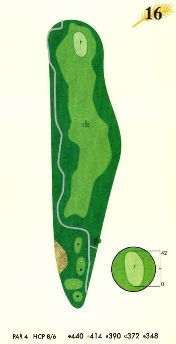 Golf course hole diagram for hole number 16, a Par 4. The map shows the layout with multiple tee boxes, a sand bunker, a curving fairway, a cart path, and the putting green with a flag. Distances and a detailed green inset are also visible.