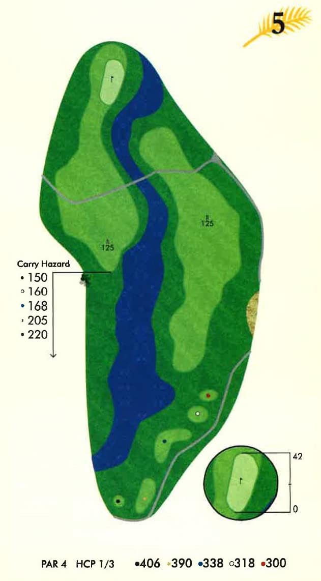Map of golf course hole 5, a Par 4, showing a long blue water hazard along the left side of the green fairway, multiple tee boxes, and the green at the top. Includes yardage and carry hazard details.