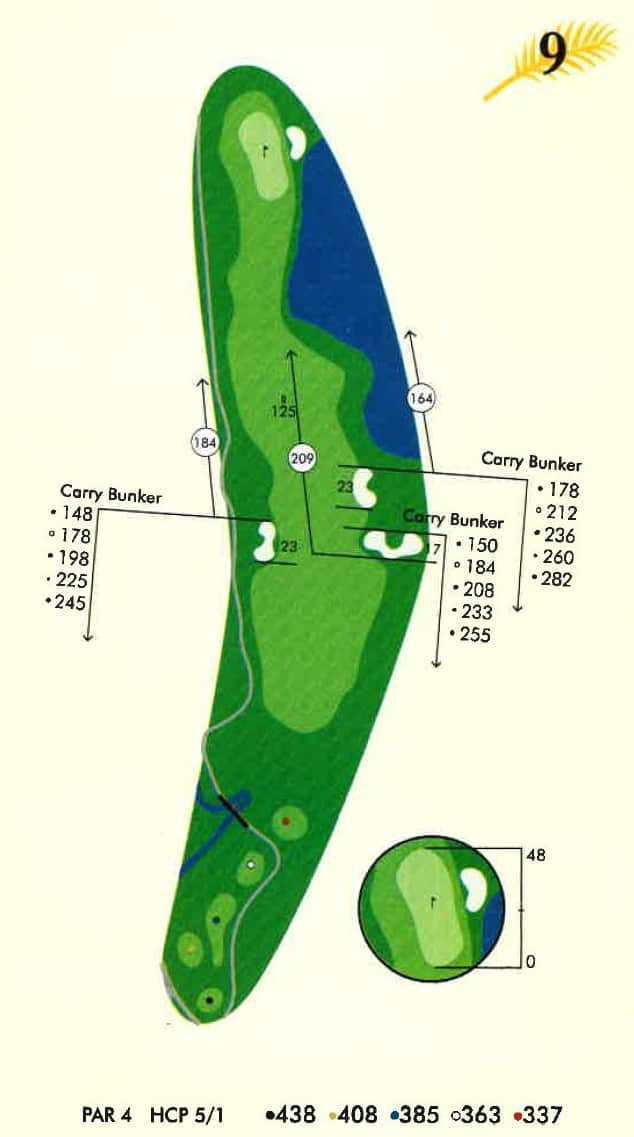 A vintage-style golf course map of Hole 9, a Par 4. The map shows a long, dogleg left fairway with multiple tee boxes, several white sand bunkers, and a large blue water hazard running along the right side. Distances and handicap information are also included.