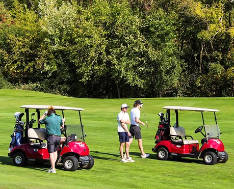 Four male golfers and two red golf carts on a sunny green golf course with a line of trees in the background.