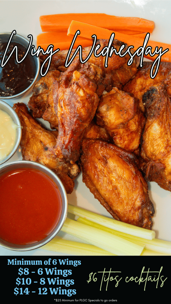 A plate of crispy chicken wings with three dipping sauces (BBQ, creamy, buffalo), carrot sticks, and celery sticks. Overlay text reads 'Wing Wednesday' and details pricing for wings ($8 for 6, $10 for 8, $14 for 12) and '$6 Titos cocktails'.