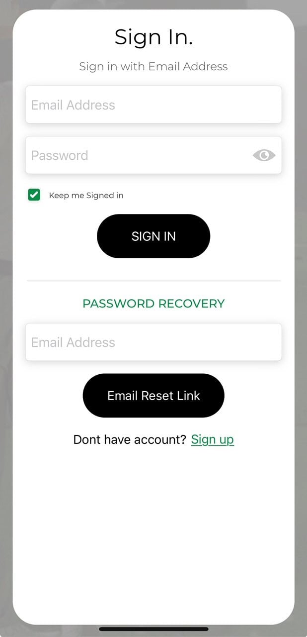 Mobile app sign-in screen with fields for email and password, a 'Keep me Signed in' checkbox, and a 'SIGN IN' button. Below, there's a password recovery section with an email field and an 'Email Reset Link' button, plus a 'Sign up' link.