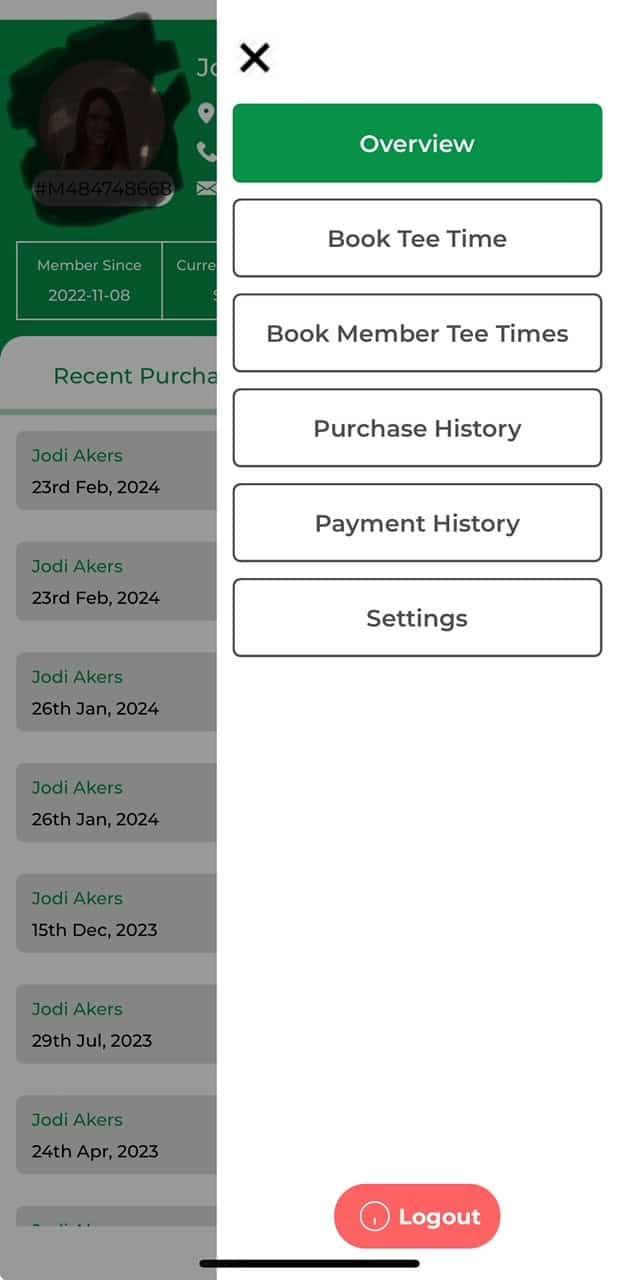 A mobile app screen showing a user profile partially obscured by an active menu. The menu features options like 'Overview', 'Book Tee Time', 'Book Member Tee Times', 'Purchase History', 'Payment History', 'Settings', and a 'Logout' button. The profile section displays a member ID, 'Member Since' date, and a list of recent purchases.
