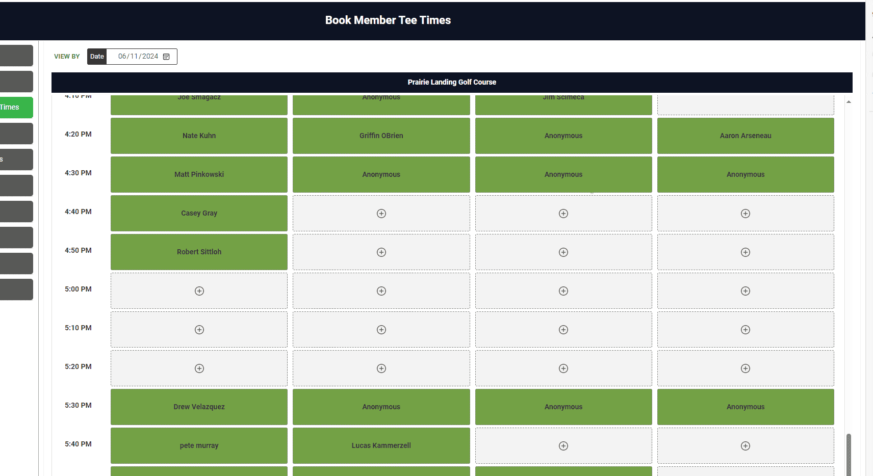 A golf tee time booking screen for Prairie Landing Golf Course on June 11, 2024, showing booked slots in green with names or 'Anonymous', and available slots as white boxes with a plus sign.