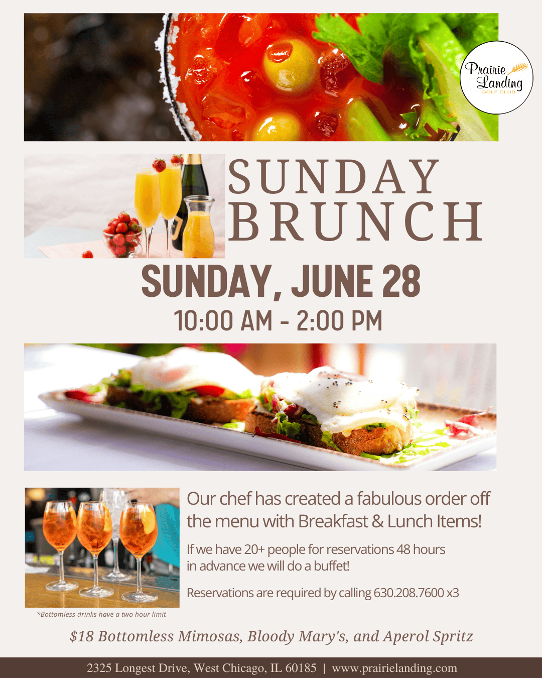 A promotional flyer for Sunday Brunch at Prairie Landing Golf Club on June 28, featuring images of Bloody Marys, Mimosas, eggs Benedict, and Aperol Spritz, along with event details and contact information.