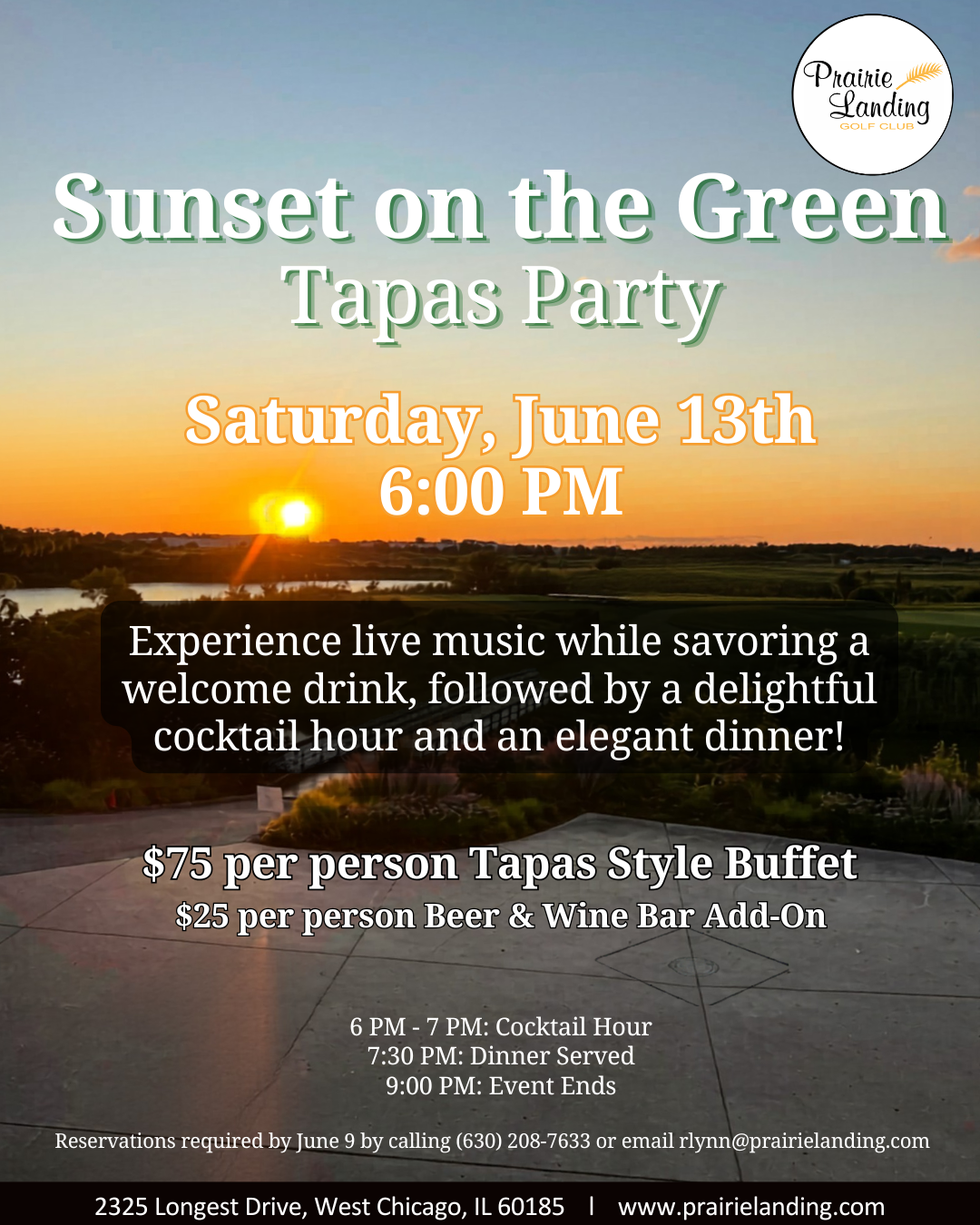 Promotional flyer for a 'Sunset on the Green Tapas Party' at Prairie Landing Golf Club, featuring a sunset over a golf course. Details include date, time, pricing, and contact information.