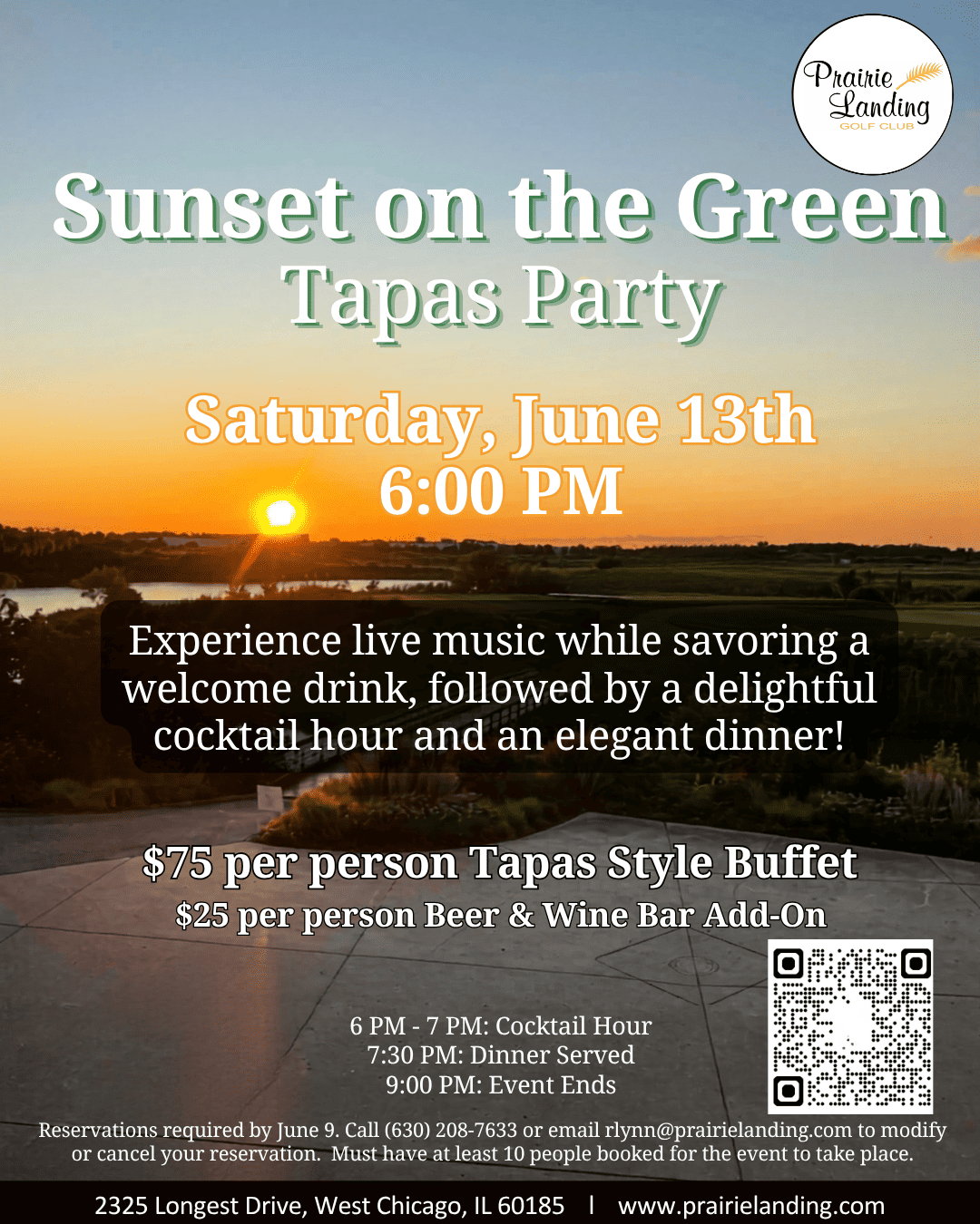Flyer for Sunset on the Green Tapas Party at Prairie Landing Golf Club, Saturday, June 13th, 6 PM. Features a sunset landscape, event details, pricing, and contact information.