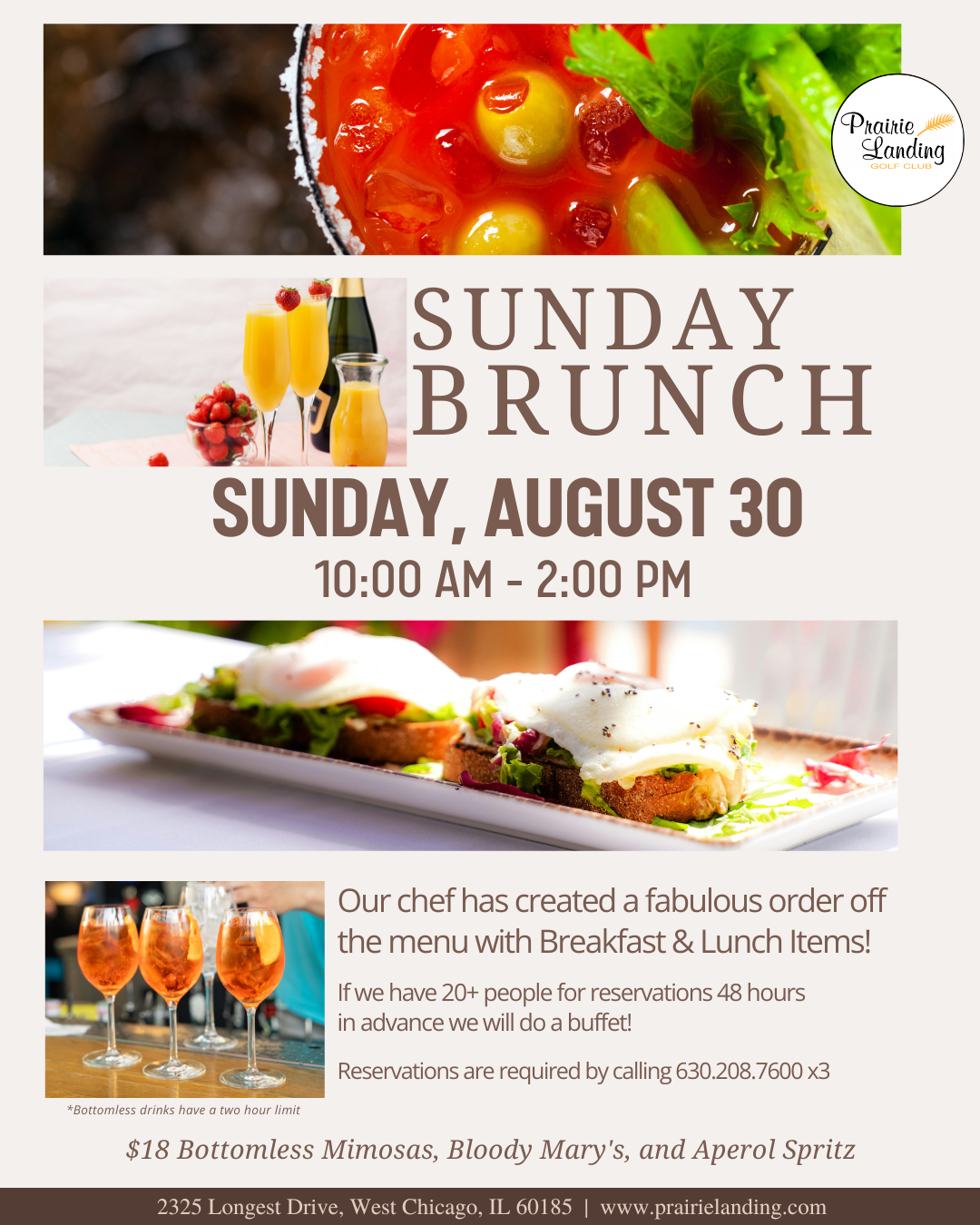 Promotional flyer for Sunday Brunch at Prairie Landing Golf Club on August 30th. Features images of a Bloody Mary, mimosas, eggs benedict, Aperol Spritzes, and text detailing menu, pricing, and reservation information.