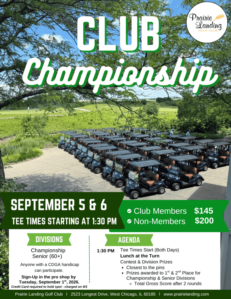 Promotional flyer for the Prairie Landing Golf Club Championship, featuring a golf course, numerous golf carts, and detailed event information including dates, times, divisions, pricing, and agenda.