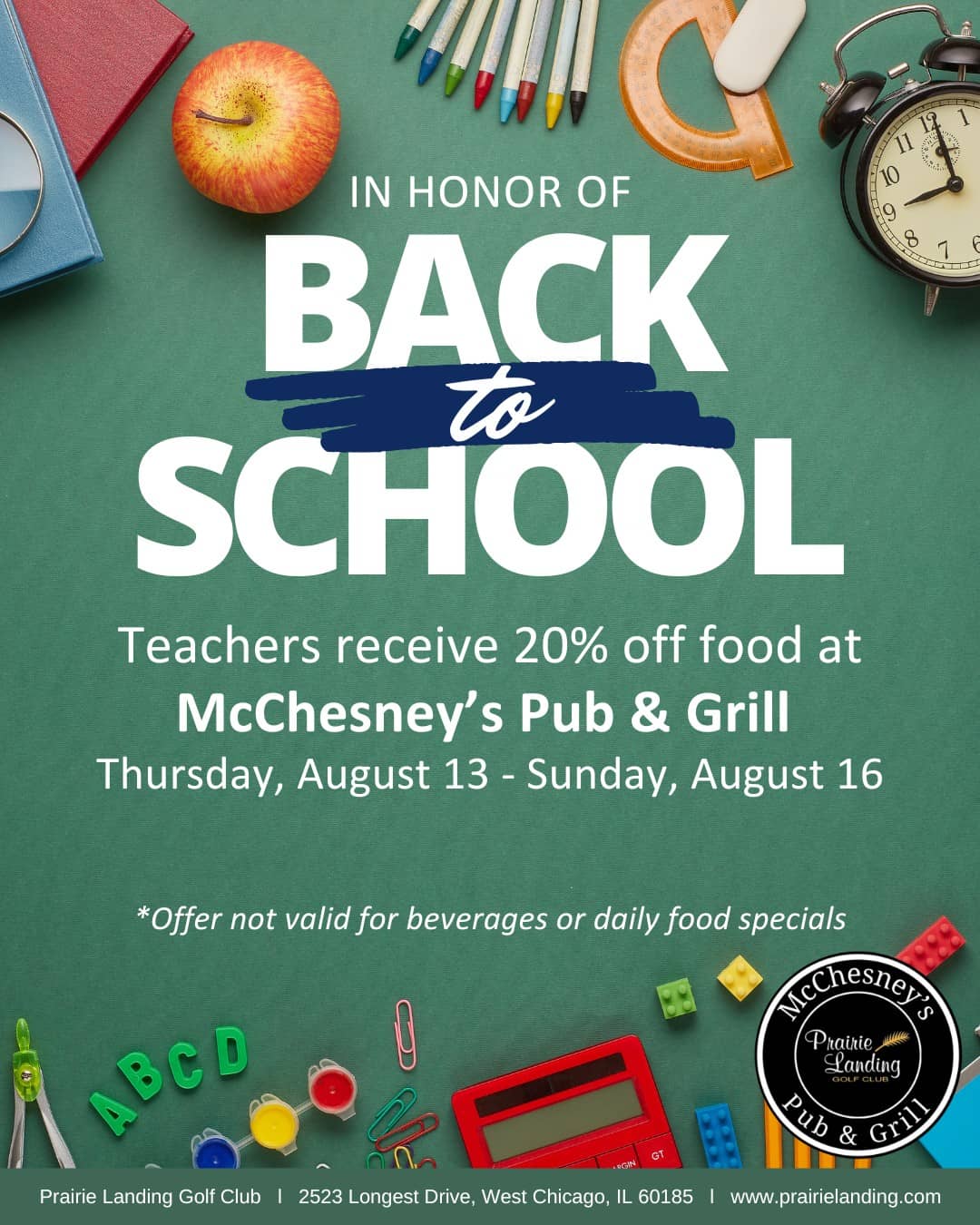 A 'Back to School' promotional flyer on a green chalkboard background, surrounded by school supplies like books, an apple, crayons, and an alarm clock. The flyer announces that teachers receive 20% off food at McChesney's Pub & Grill from August 13-16.