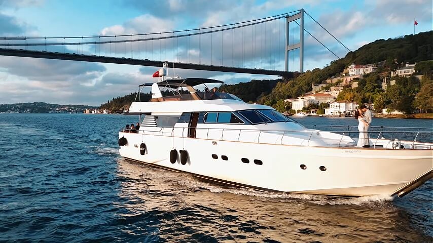 Istanbul bosphorus yacht charter premionly p115, side view with bridge on the background.  