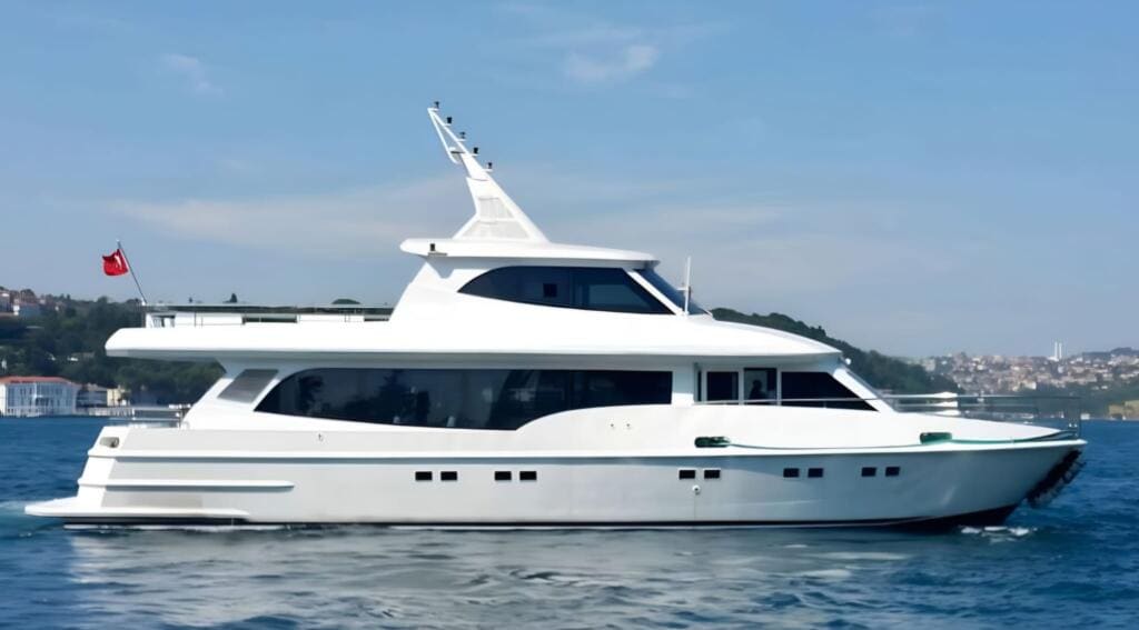 Elegant 24-meter motor yacht available for charter, perfect for luxury cruising and private events.