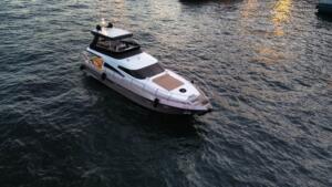 P114 19m motor yacht at sunset on the Bosphorus, Istanbul.