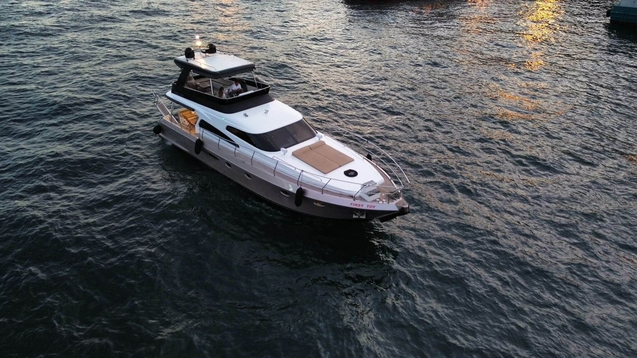 P114 19m motor yacht at sunset on the Bosphorus, Istanbul.
