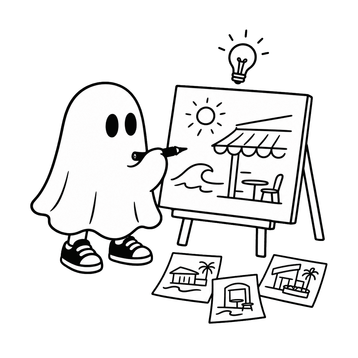 Ghostboy sketching a coastal cafe graphic from an open-ended idea