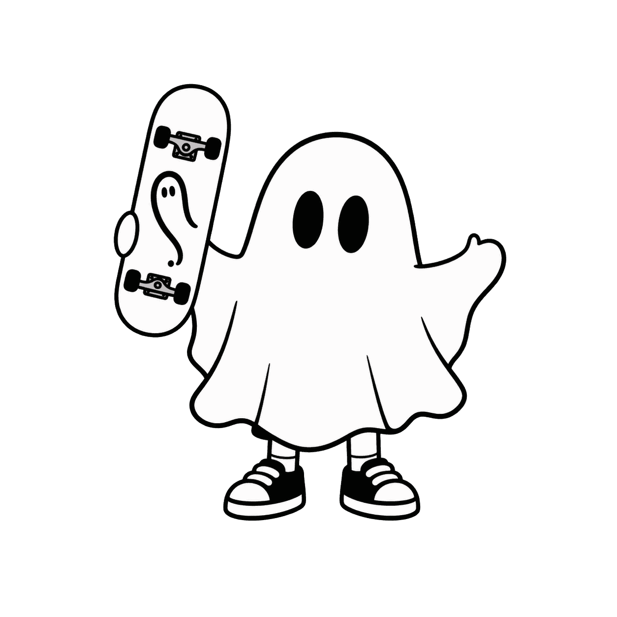 Ghostboy holding a skateboard deck with a ghostline mark.