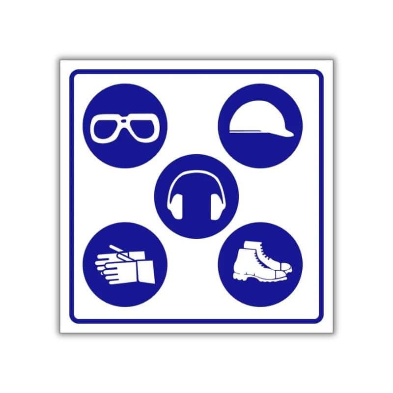 PPE - Goggles, Hard Hat, Ear Protection, Gloves and safety shoes safety sign (M084)
