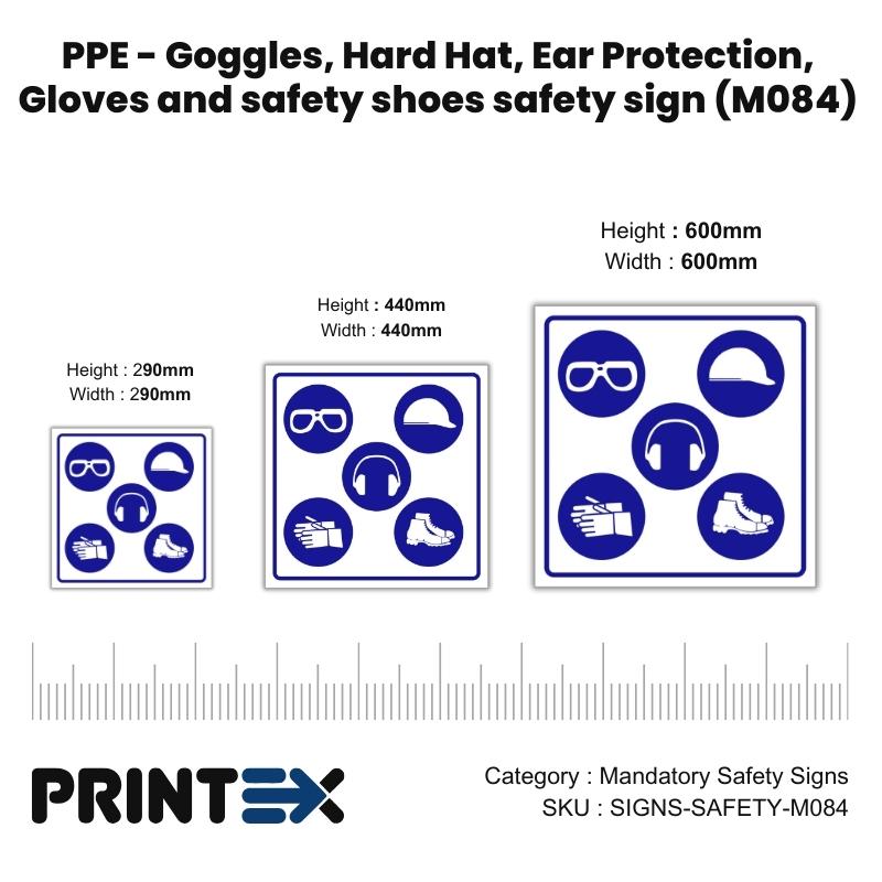PPE - Goggles, Hard Hat, Ear Protection, Gloves and safety shoes safety sign (M084)