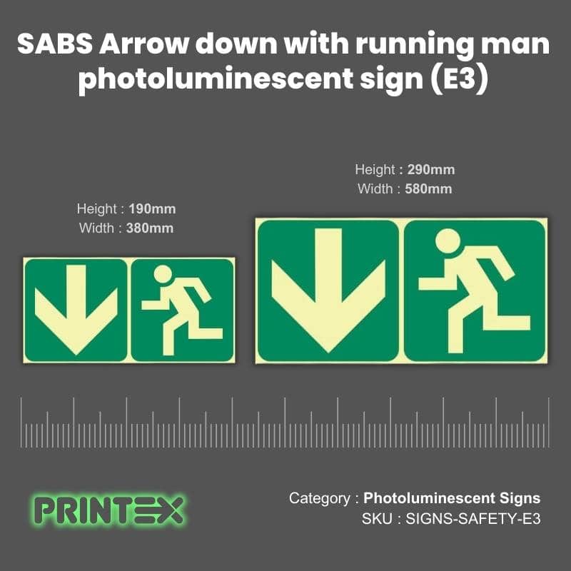 Arrow Down + Running Man Photoluminescent Sign