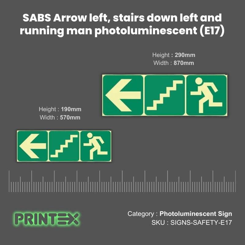 SABS Arrow left, stairs down left and running man photoluminescent (E17)
