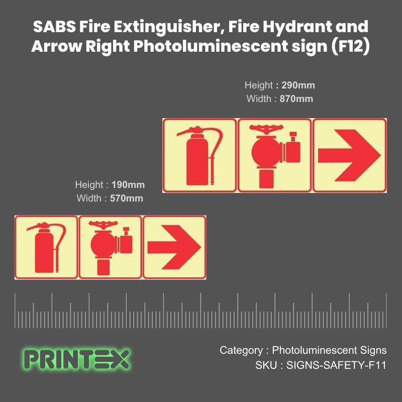 SABS Fire Extinguisher, Fire Hydrant and Arrow Right Photoluminescent sign (F12)