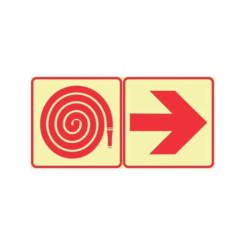 SABS Fire Hose Reel and Red Arrow Right photoluminescent (glow in the dark) safety sign (F20)