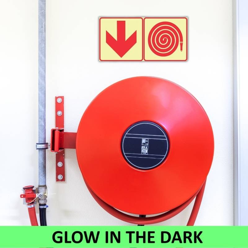Arrow Down + Hose Reel Photoluminescent Sign