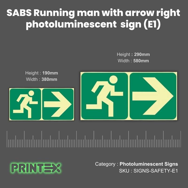 SABS Running man with arrow right photoluminescent (glow in the dark) sign (E1)