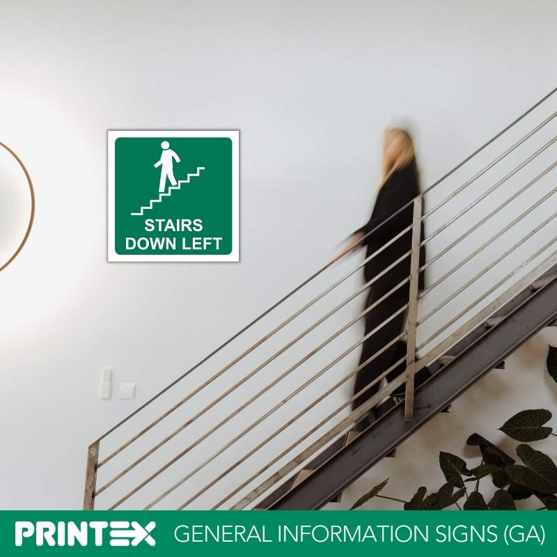 Stairs Going Down (Left) With Words Safety Sign (GA17A)