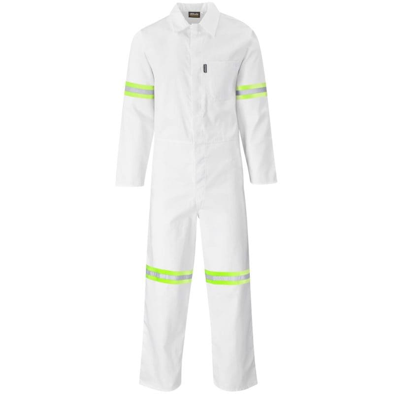 WHITE Safety Polycotton Boiler Suit - Reflective Arms Legs & Back - Orange Tape