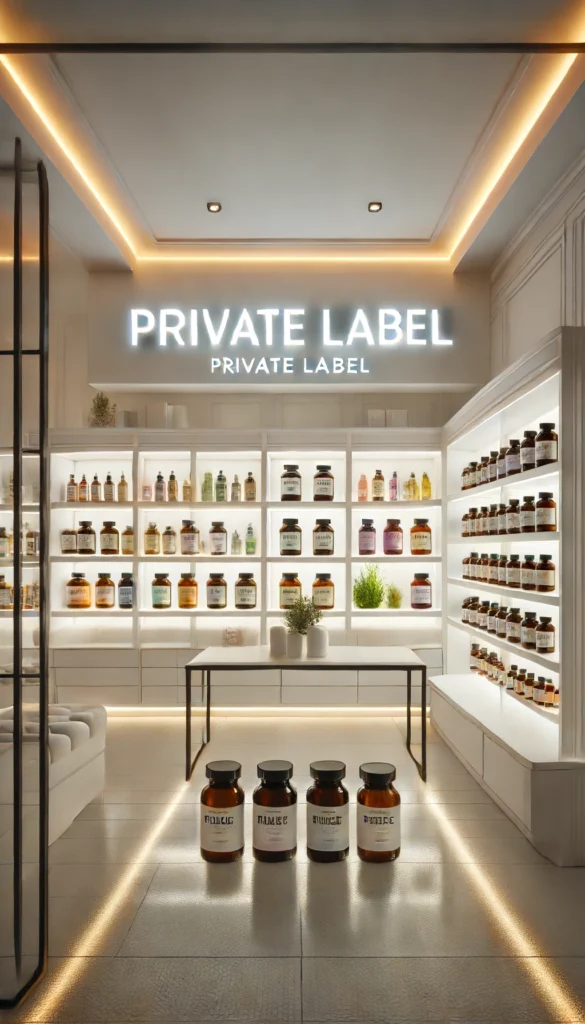 szeroki wybór suplementów naturalnych pod marką własną, private label IOC. Elegancki, minimalistyczny design apteki z białymi półkami ozdobionymi kolorowymi butelkami i opakowaniami. Przyjazne światło LED tworzy czystą i odświeżającą atmosferę. Apteka zapewnia starannie dobrany wybór wysokiej jakości produktów dla klientów poszukujących nowoczesnego podejścia do zdrowia i wellness.