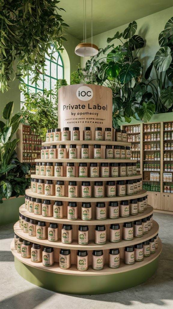 obraz przedstawiający żywą i zachęcającą ekspozycję naturalnych suplementów "private label by IOC" w eleganckiej, jasnej aptece inspirowanej naturą. Suplementy są umieszczone na licznych, eleganckich, drewnianych półkach z ekologicznymi opakowaniami i minimalistycznymi, eleganckimi etykietami z logo "IOC". Apteka jest wypełniona szeroką gamą ponad 500 różnych receptur suplementów. Wnętrze zawiera obfite elementy naturalne, takie jak bujne zielone rośliny, zielone ściany i duże okna wpuszczające naturalne światło. Aranżacja jest żywa i pełna energii, z ogromnym wyborem suplementów, co sprawia, że wyglądają one atrakcyjnie i zachęcają klientów do zakupu.
