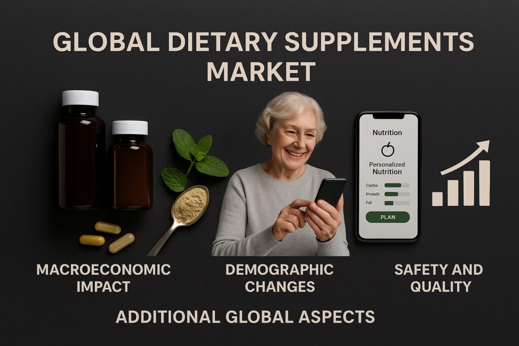 Infografika analityczna pt. „GLOBALNY RYNEK SUPLEMENTÓW DIETY” na ciemnym tle, podzielona na cztery sekcje: wpływ makroekonomiczny, zmiany demograficzne, innowacje technologiczne oraz bezpieczeństwo i jakość. Każda sekcja zawiera odpowiednie ikony i ilustracje – m.in. wykres słupkowy, opakowania suplementów, osobę starszą z telefonem oraz interfejs aplikacji zdrowotnej – podkreślając biznesowy i finansowy charakter globalnej analizy rynku.
