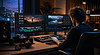 Person editing video on dual monitors in a professional studio setup.