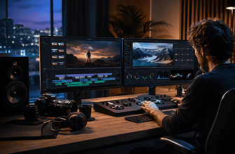 Person editing video on dual monitors in a professional studio setup.