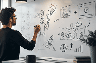 Man drawing marketing ideas on whiteboard for product videos.