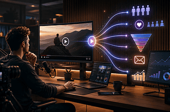Person analyzing video content and marketing funnel on multiple screens.