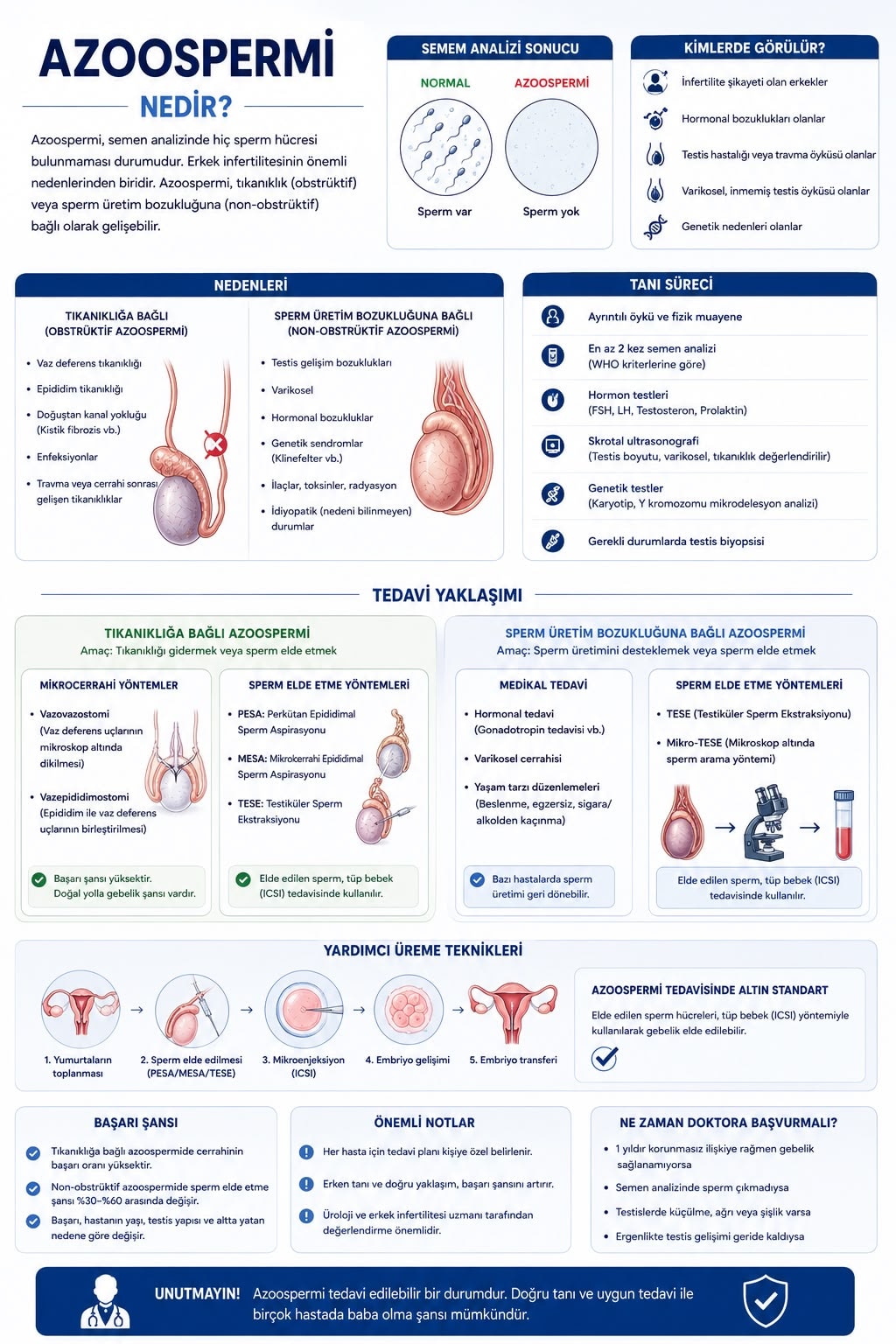 Azoospermi nedir, obstrüktif ve non-obstrüktif nedenleri, tanı süreci ve sperm elde etme yöntemleri infografiği